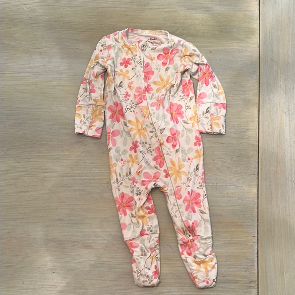 Pink and Orange Footies One Piece with Floral Design